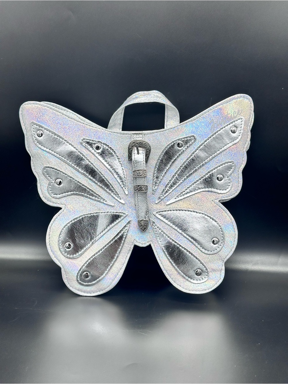 Justice Girls Butterfly Mini Backpack Silver Metallic Iridescent Holographic